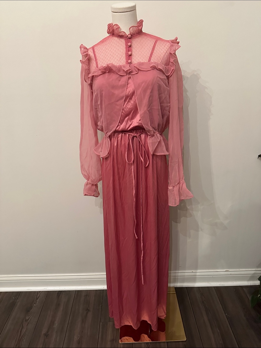 Vtg Romantic Victorian Hippie Maxi Dress Sheer Lace Ruffled Layered Top USA 70s